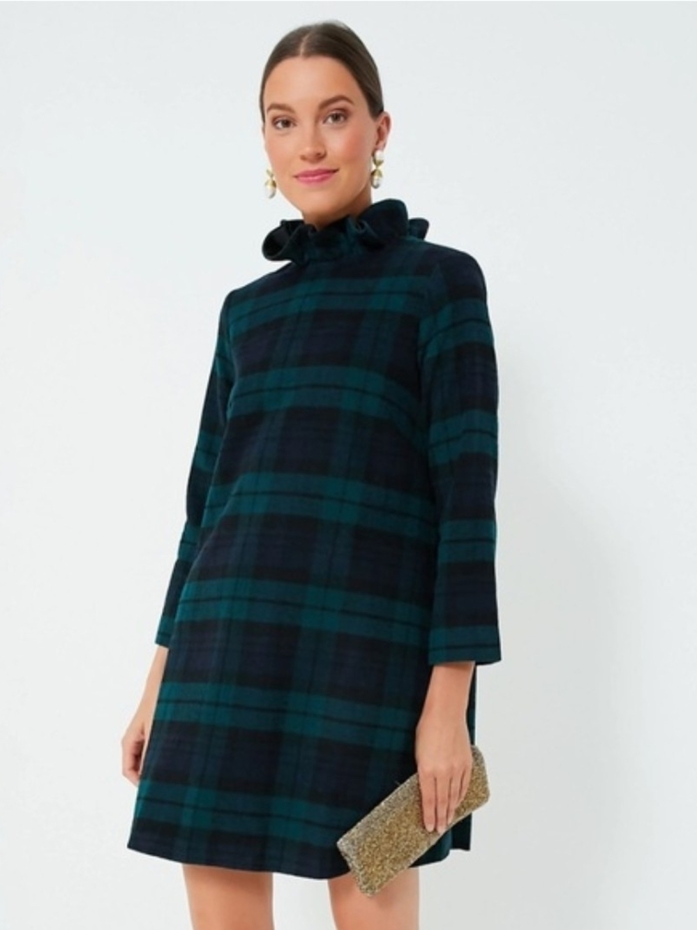 Tuxkernuck Plaid Ruffle-Neck Shift Dress